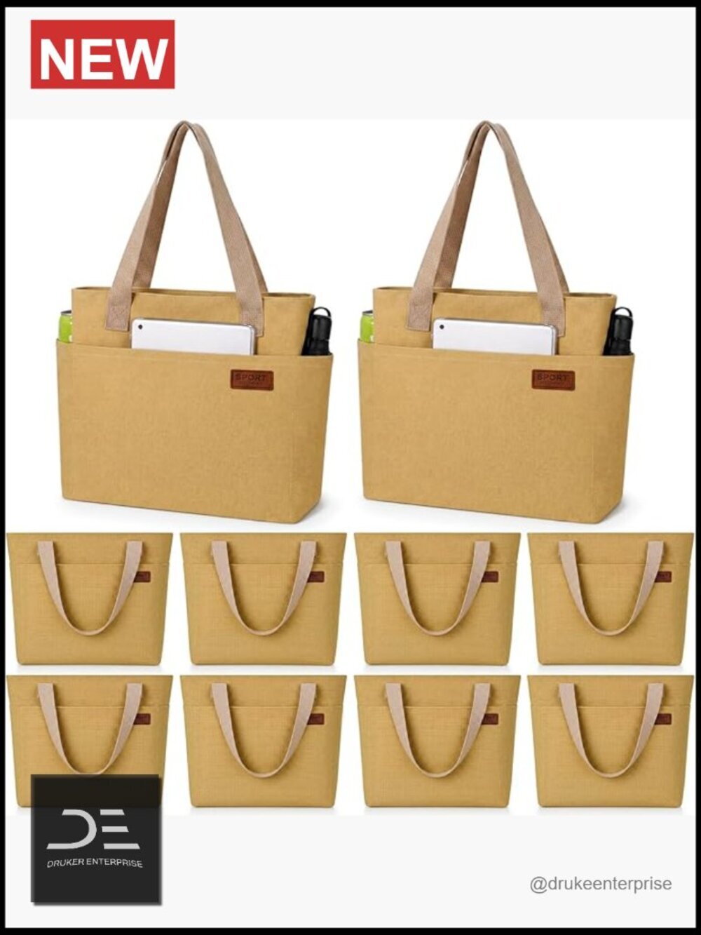 10 Pcs Canvas Tote Bag with Zipper Reusable Shoulder Handbag for Grocery Work